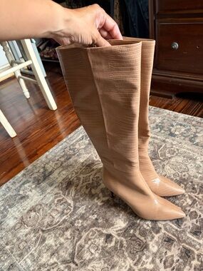 Nine West Camel Tan Croc-Embossed Pointed Toe Knee Boots